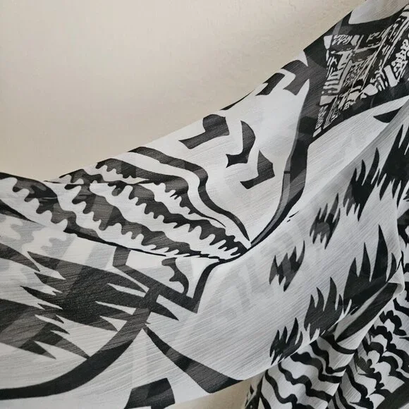 Boho Gawzy Beachy Crochet Vneck black white Flowy Sleeve Sheer Tunic Top L - Picture 5 of 9